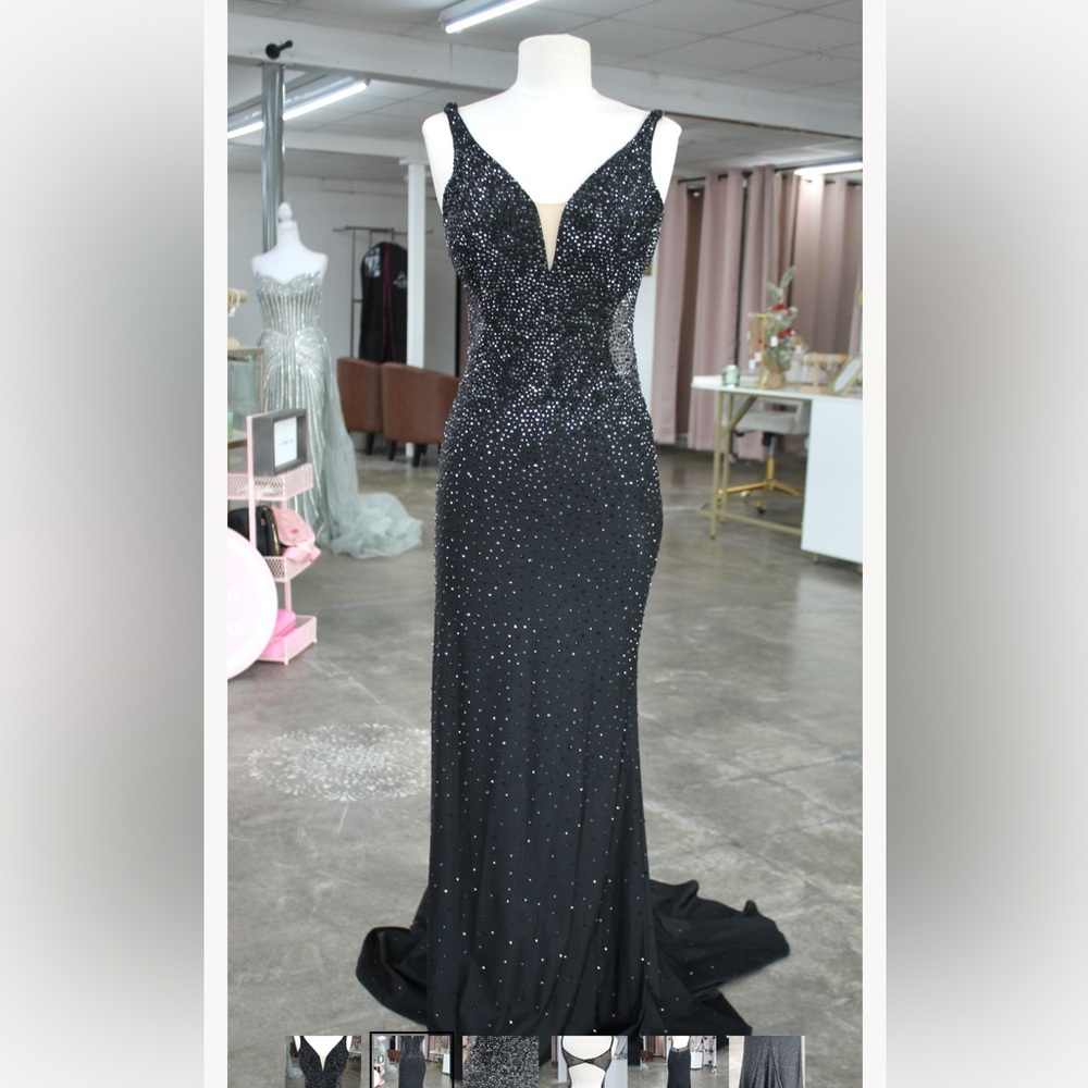 Faviana Elegant Black Gown with Silver Accents